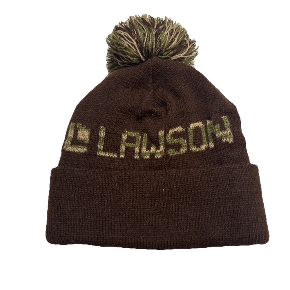 WK Lawson Knit Pom Beanie Hat Brown Olive Green Made in USA Acrylic‎ Mens Womens